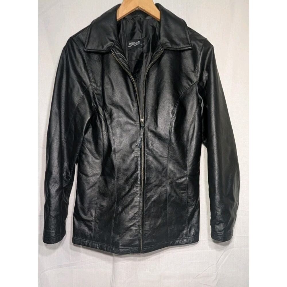 Burk's Bay Womens Leather Full Zip Jacket Sz XL Black Moto Edgy Minimalist